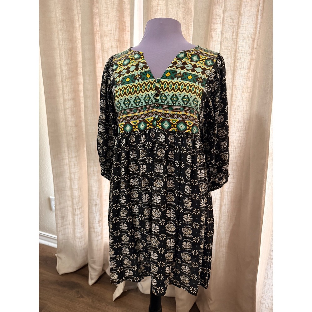 Umgee USA Women's Size S Black Southwestern Print V Neck Button Front Dress